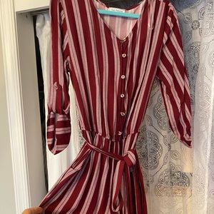 Burgundy striped jumpsuit.